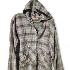 L Y2K faded comfy blue, green, purple, and dark gray plaid lightweight hoodie
